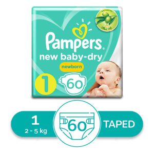 Pampers حفاضات بيبي دراي  - حديثي الولادة - مقاس 1 - 2 - 5 كجم - 60 حفاضة