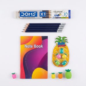 Pack of 10 Notebooks + DOMS X1 Super Dark Pencil Box (10 Pcs) + Pineapple Erasers (4 Pcs)