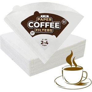 100Pcs Coffee Filters V60, 2-4 Cups Natural Unbleached Coffee Filter Paper, Cone Shaped Paper Filters Easy to Use Upgraded Design Size V02, Compatible with V60 Pour Over Drippers (White)