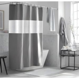 ستارة حمام بلاستيك، مقاومة للعفن والمياه، تصميم سادة مع شريط مزخرف، مقاس 180x200 سم، لحماية أرضية الحمام من البلل - رمادي