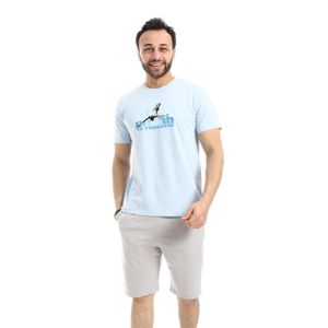 Andora Cotton Short Sleeve Pajama With Short Set - Light Blue & Grey