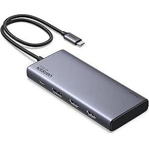 Ugreen موزع USB-C متعدد الوظائف من ريفودوك، 8 في1 يدعم ثلاث شاشات، مزود بمنفذي HDMI ومنفذ DP ومنفذ بيانات USB-C وA بسرعة 10 جيجابت في الثانية، متوافق مع أجهزة ThinkPad وZenBook وغيرها.