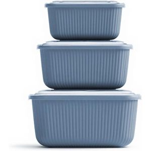 3 Pcs Rectangular Food Storage Container Set with Snap Lids – Line Series BPA-Free Airtight Bowls (600 ml, 1100 ml, 1800 ml) Microwave-Safe Bowl only without the lid (Blue)