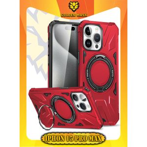 GOLDEN MASK جراب هاتف مغناطيسية مقاومة للصدمات من ماج سيف مع حامل حلقي - (احمر) (iPhone 15 Pro Max) جولدن ماسك لهاتف ايفون 15 برو ماكس