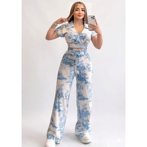 بيجاما قطن ليكرا حريمي - قطعتين (توب + بنطلون واسع) - مقاس موحد حتى 80 كيلو - أبيض في أزرق.