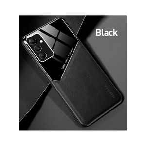 جراب متوافق مع سامسونج جالاكسي A34، جراب فاخر من الجلد والزجاج مع حامل مغناطيسي للسيارة، جراب هاتف بإطار سيليكون ناعم (أسود)