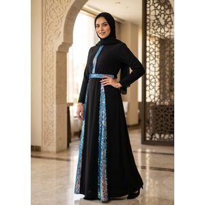 فستان سواريه حريمي اسكوبا بشرايط ترتر وحزام وأكمام طويلة - لبني