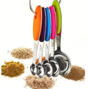 Stainless steel measuring spoon set, 5 pieces, with colored handles, for measuring dry and liquid ingredients.