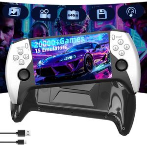 The SF3500 Pro video game console connects to HD displays with over 20,000 built-in games, a 5.5-inch HD screen, an additional wireless controller, PlayStation 1, Atari, Nintendo, Game Boy, and other games, with the ability to download additional games.