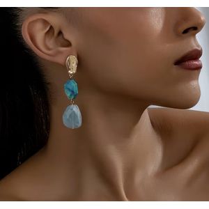 أقراط متدلية حجر أكريليك بوهيمية قديمة للنساء - تصميم غير متماثل، ذهبي وأزرق