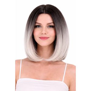 باروكه للنساء قصيره كاريه مستقيمه من الفايبر الحراري باللون الاسود اومبريه باللون الابيض من الاطراف 