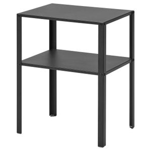 Bedside table A black KNARREVIK side table with a sleek, modern design. Its rectangular, made of steel, and has two shelves for storage.