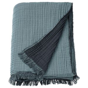Throw VALLKRASSING: teal blue cotton throw blanket, crinkled texture, fringe edges.