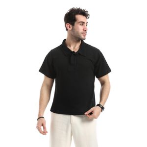Red Circle Solid Basic Polo Shirt With Double Buttons - Black
