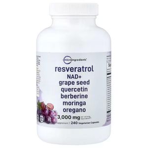 Microingredients  Resveratrol + NAD and grape seeds + Quercetin  with Berberine+ moringa + Oregano 3,000 mg per serving 240 Vegetarian Capsules
