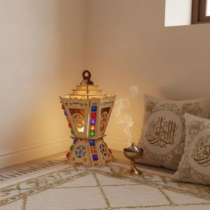 AA117 Ramadan LED Lantern – Square Laser-Cut Wooden Fanoos with Multi-Colored Flashing Lights & Decorative Glass – Festive Décor for Kids & Homes