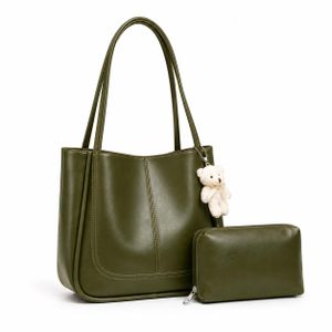 Elegant Women's Handbag in Olive Green , Made of Premium Faux Leather with Mini Clutch & Teddy Charm, Perfect for Work & Daily Occasions, Stylish & Functional Design