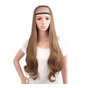 نصف باروكه للنساء متوسطه الطول مموجه من الفايبر الحراري باللون البني الذهبي 