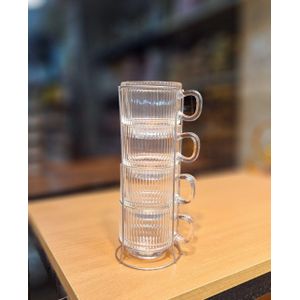 Heat-resistant glass coffee cup set with gold lettering  4 pieces on a stand  Capacity 220 ml