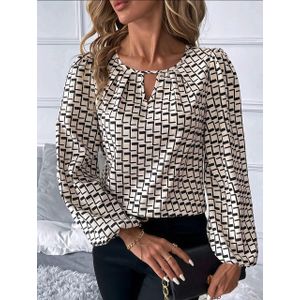 SHEIN بلوزة نسائية كاجوال بأكمام طويلة ، بتصميم مفتوح وطبعة كاملة، مناسبة للعمل أو المناسبات الرسمية.