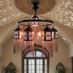 BR372 Large 9-Light Moroccan Brass Chandelier - 72 cm Wide Antique Style Handmade Pendant Light - Unique Hand-Etched Geometric Design with Draped Chains for Foyer, Dining, or Living Room