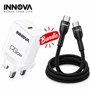 Innova باندل شحن – شاحن حائط IN-2001 USB-C PD بقدرة 20 وات + كابل IN-1001 من USB-C إلى USB-C بقدرة 60 وات