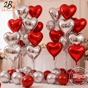 23-Piece Heart Foil Balloon Decoration Kit with Hand Pump, 18-Inch Red & Silver Heart Balloons, Ribbon Rolls for Wedding, Engagement, Anniversary & Romantic Party Decor