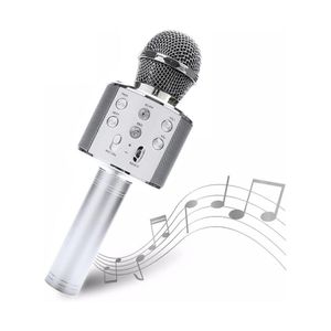 Portable wireless microphone with built-in speaker and volume control (shape may vary)