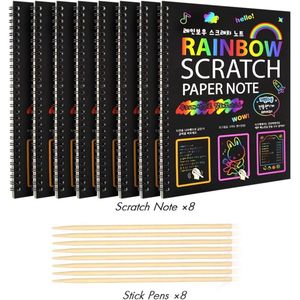 لعبه رسم خدش قوس قزح للأطفال مكون من 8 كراسات مع قلم للرسم، يتيح للأطفال خدش السطح الأسود لإظهار ألوان زاهية مبهرة. مثالي لتنمية الإبداع والمهارات الفنية وقضاء وقت ممتع في الرسم واللعب
