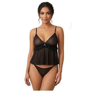 Fg Sheer tulle lingerie set: top and bikini, sheer tulle fabric, ruffled design