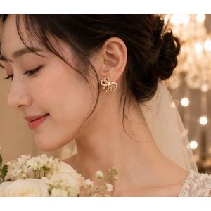 Jewelry Elegant Gold Bow Earrings with Crystal Details & Pearl Accent
