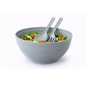 Dunya بولة سلطة بلاستيكية من دنيا، 27 سم (5.5 لتر) – وعاء تقديم وخلط كبير مع ملعقة وشوكة سلطة، رمادي فاتح