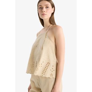 Defacto 100% Cotton Regular Fit Brode Neck Tie Blouse