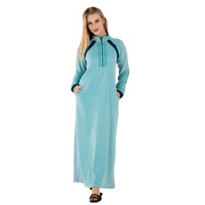 Zecotex Women's Embroidered Velvet Abaya – Long Sleeve Maxi Dress with High Neck and Pockets, Elegant Winter Homewear