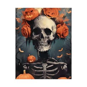 هيكل عظمي بتاج اليقطين – فن جداري قوطي لهالوين لتزيين مرعب – لوحة جدارية معدنية بدون اطار