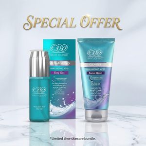 Eva عرض خاص: ثنائي إيفا سكين كلينيك بحمض الهيالورونيك 2*1(غسول وجه160مل + جل نهاري45مل) لترطيب ونضارة البشرة.