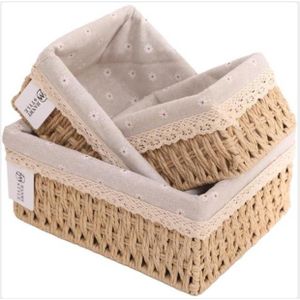 -Piece Set Storage Basket Hand-Woven Basket with Cotton Lining Children's Room Storage Closet organising Picnic Basket Snacks Sundries toiletries Toys (Khaki, Daisy Flowers)