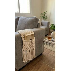 100% Pure Cotton Macrame Armrest Organizer with 2 Pockets & Tassels - Handmade Boho Sofa Chair Caddy for TV Remotes, Books & Glasses (Off-White, 28x77 cm)