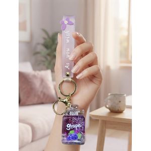 Cute Grape Fruit Juice Jar Liquid Floating Keychain with Purple "As You Wish" Silicone Strap