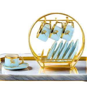 طقم قهوة بورسلين 12 قطعة + استاند ذهبي - مستورد