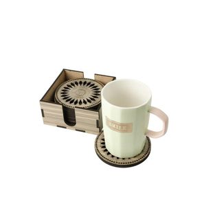 6 Piece Round Wooden Coaster Set with Elegant Floral Design and Storage Holder 10.5 cm