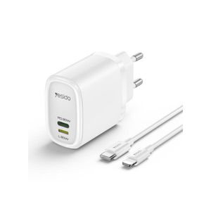 Yesido شاحن حائط سريع 20 واط YC44 بمنفذي Type-C وLightning مع كابل C إلى Lightning – شاحن سفر سريع متعدد البروتوكولات للهواتف والأجهزة اللوحية
