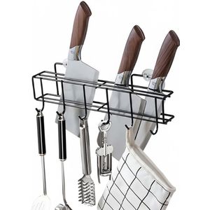 منظم مطبخ معدني مقاس 35 سم (أكبر حجماً) - مقاوم للصدأ وسهل التنظيف - يعمل كحامل سكاكين + علاقة معالق وفوط مطبخ متعددة مع 6 خطافات قوية
