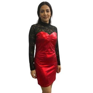 Fg Short velvet bodycon dress with sheer lace sleeves, high neck, sweetheart neckline, multi-colored, suitable for evening occasions, long sleeves