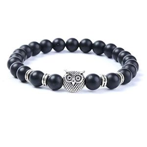 3Diamonds Natural Stone Black Beads Lava Stone Owl Bracelet For Men &amp Women