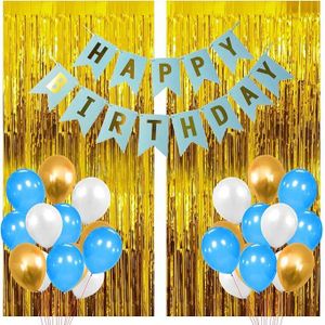 64 PCS Birthday Decoration Kit – Happy Birthday Banner, 60 Blue White & Gold Metallic Balloons, 2 Gold Foil Curtains & Balloon Glue Dots for Birthday Party Decorations