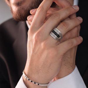 Solid Italian 925 Sterling Silver Men's Band Ring, Channel-Set Black Micro Pave & Knitted Texture