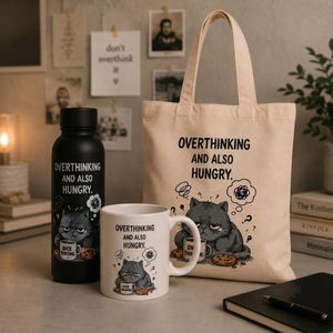Overthinking Cat™ Gift Set – Thermal Bottle 500ml, Ceramic Mug & Canvas Tote Bag - Funny Grumpy Cat Collection