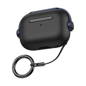 جراب حماية لسماعات AirPods Pro 2 (مع جراب إغلاق) (ضوء LED أمامي مرئي) (مع حزام للمعصم) جراب جلدي متوافق مع الجيل الثاني من سماعات AirPods Pro 2022 (أسود/أزرق)