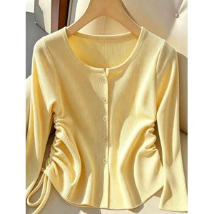 SHEIN Franclia Women's Cardigan Elastic Waist Ruched Minimalist Romantic Long Sleeve T-Shirt Fall Yellow Cardigan For Women